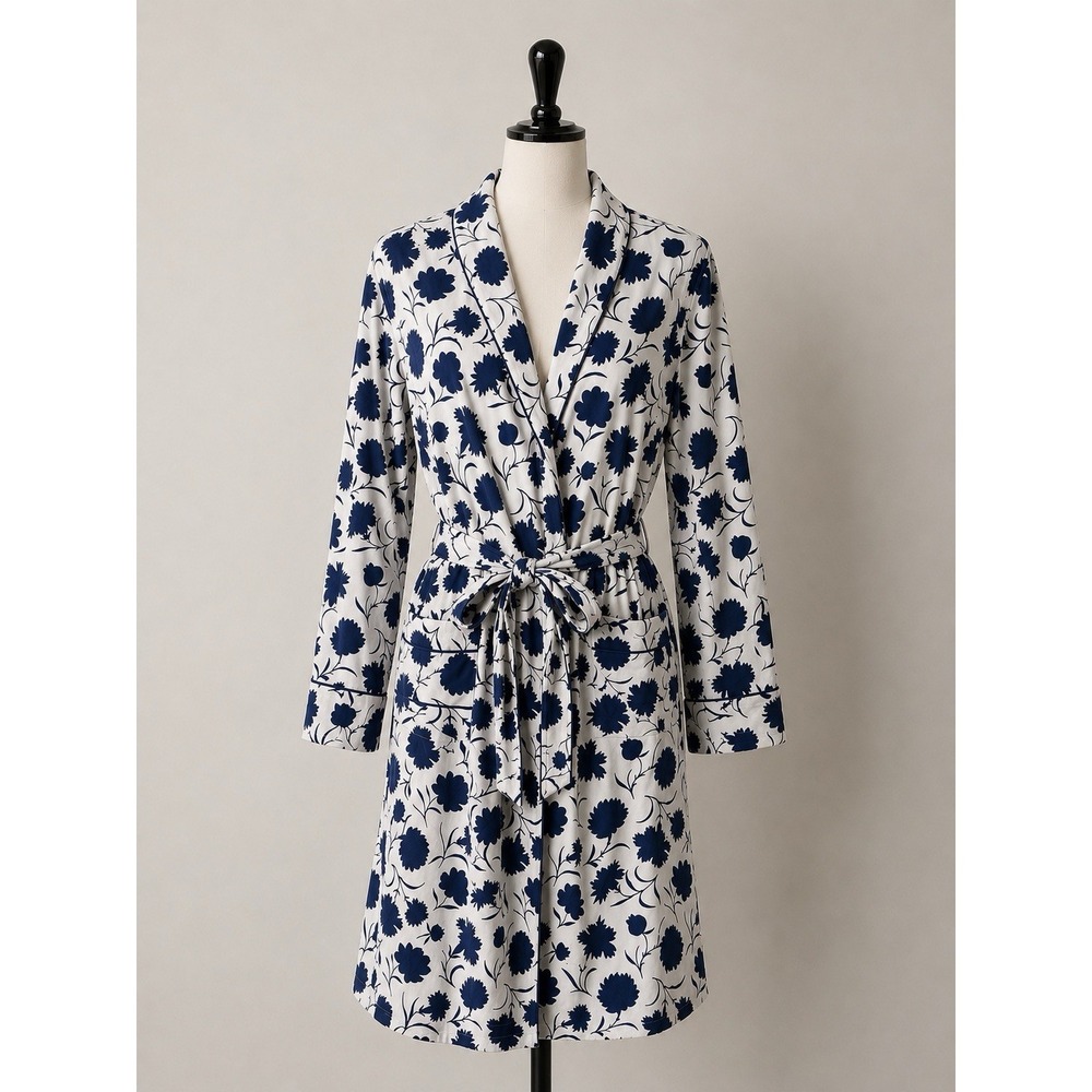 Boden Blue White Floral 100% Cotton Tie Bathrobe Size Small Cottagecore Coastal‎